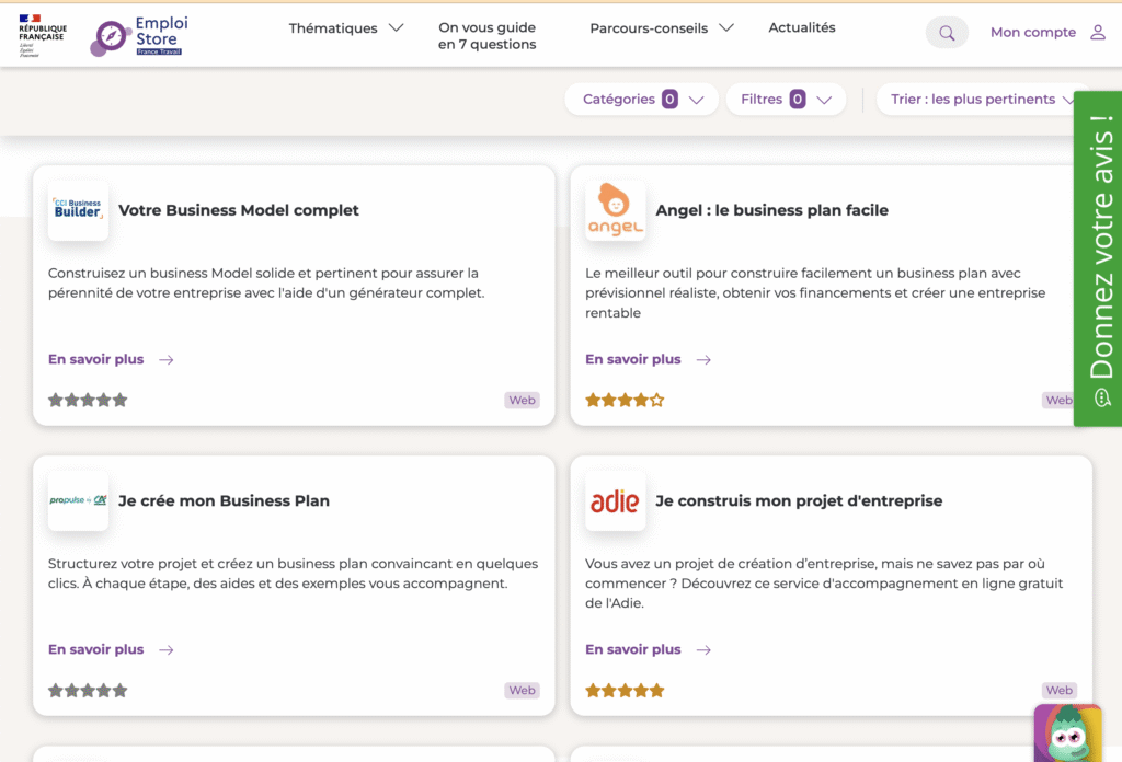 AngelStart outil business plan recommandé par France Travail Emploi Store