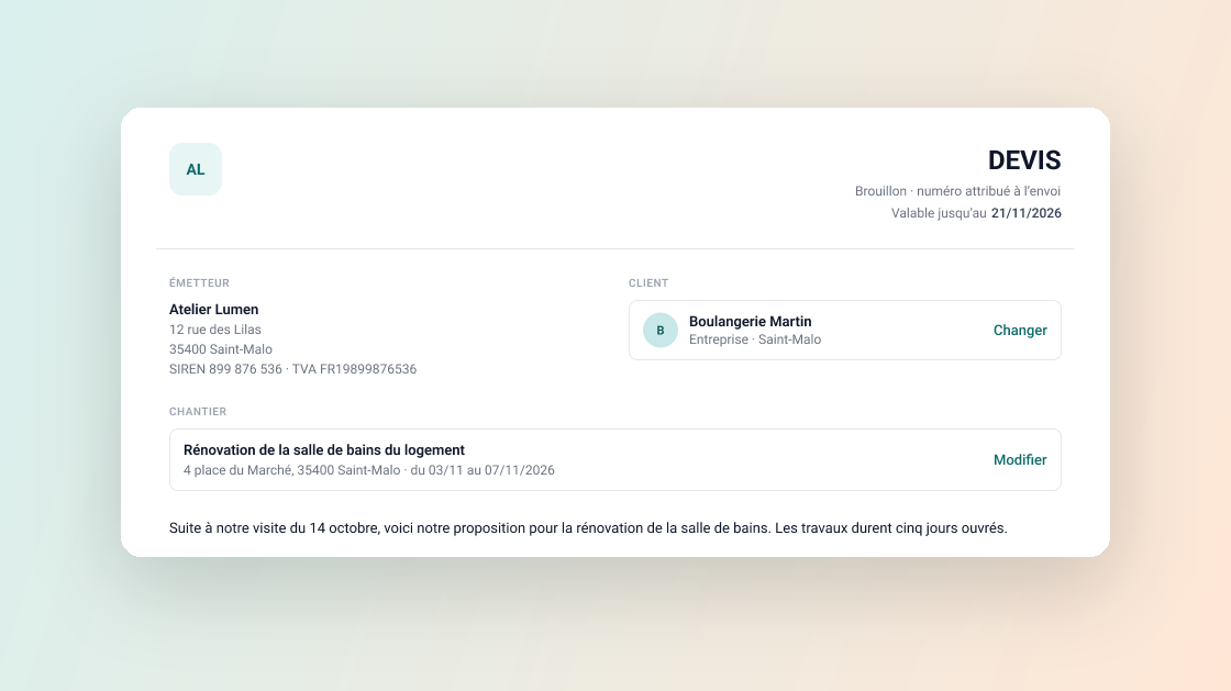 En-tête d'un devis Angel avec le client et le cadre du chantier