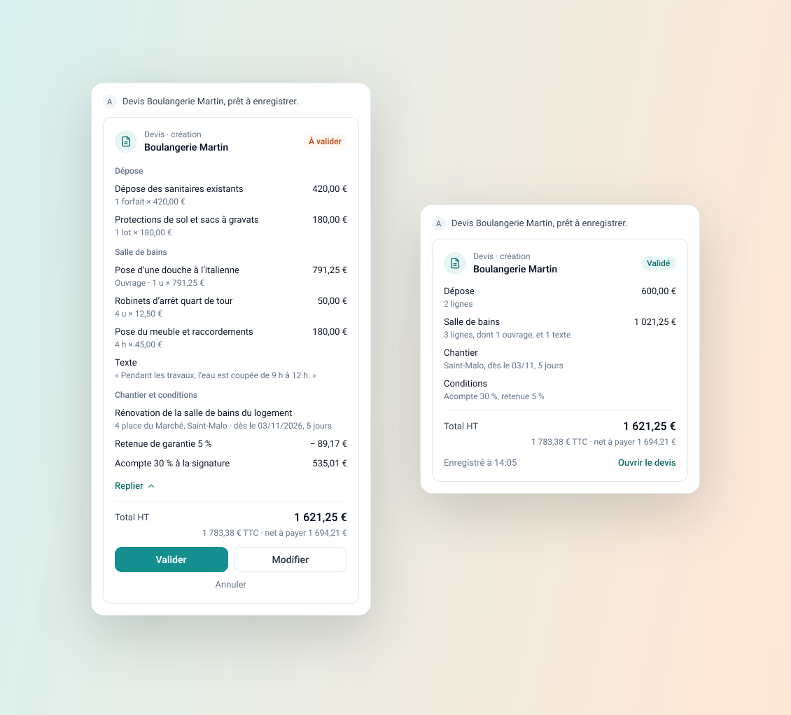 Carte de validation d'un devis préparé par Angel, avant et après validation