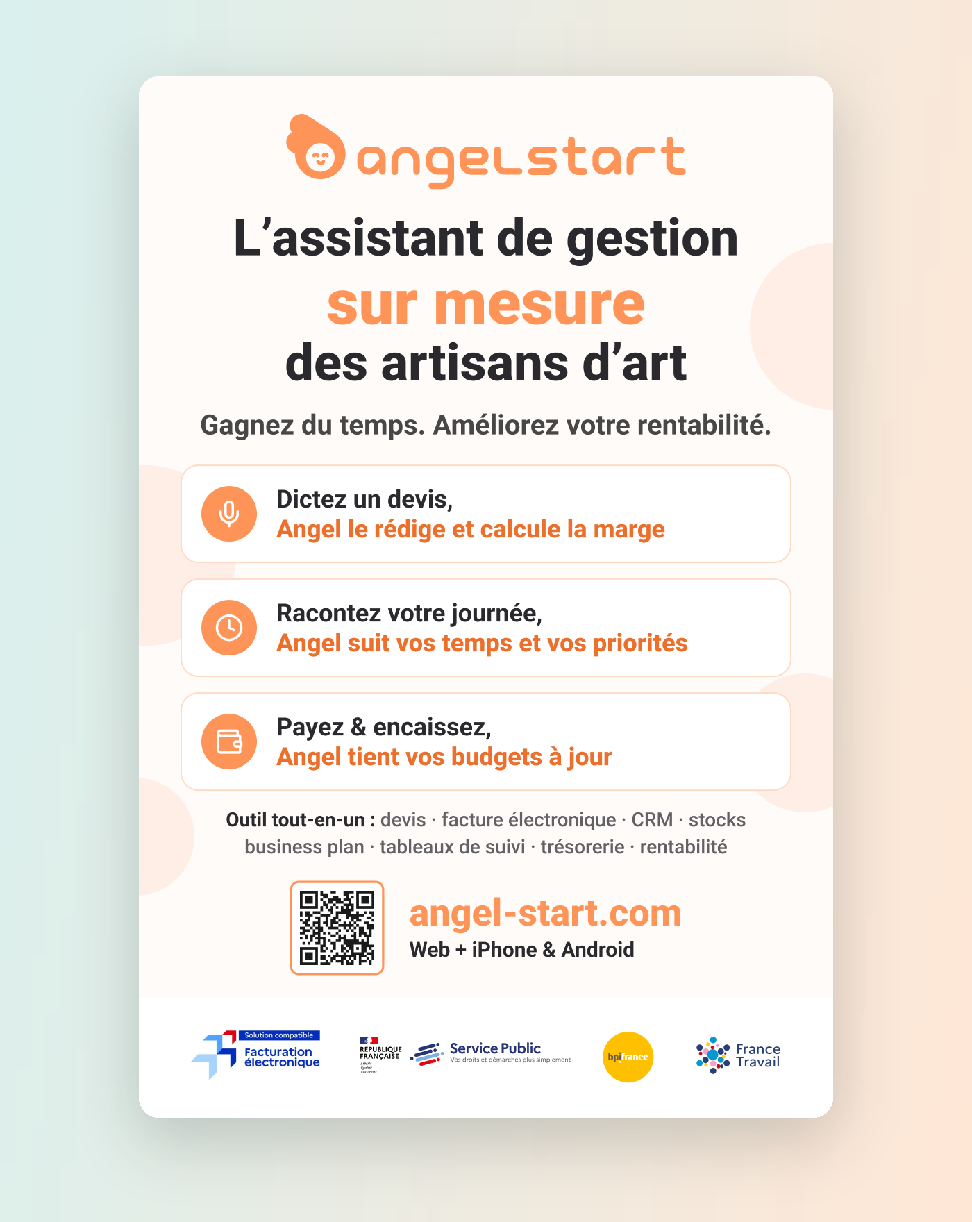 Panneau du stand Angel : l'assistant de gestion sur mesure des artisans d'art