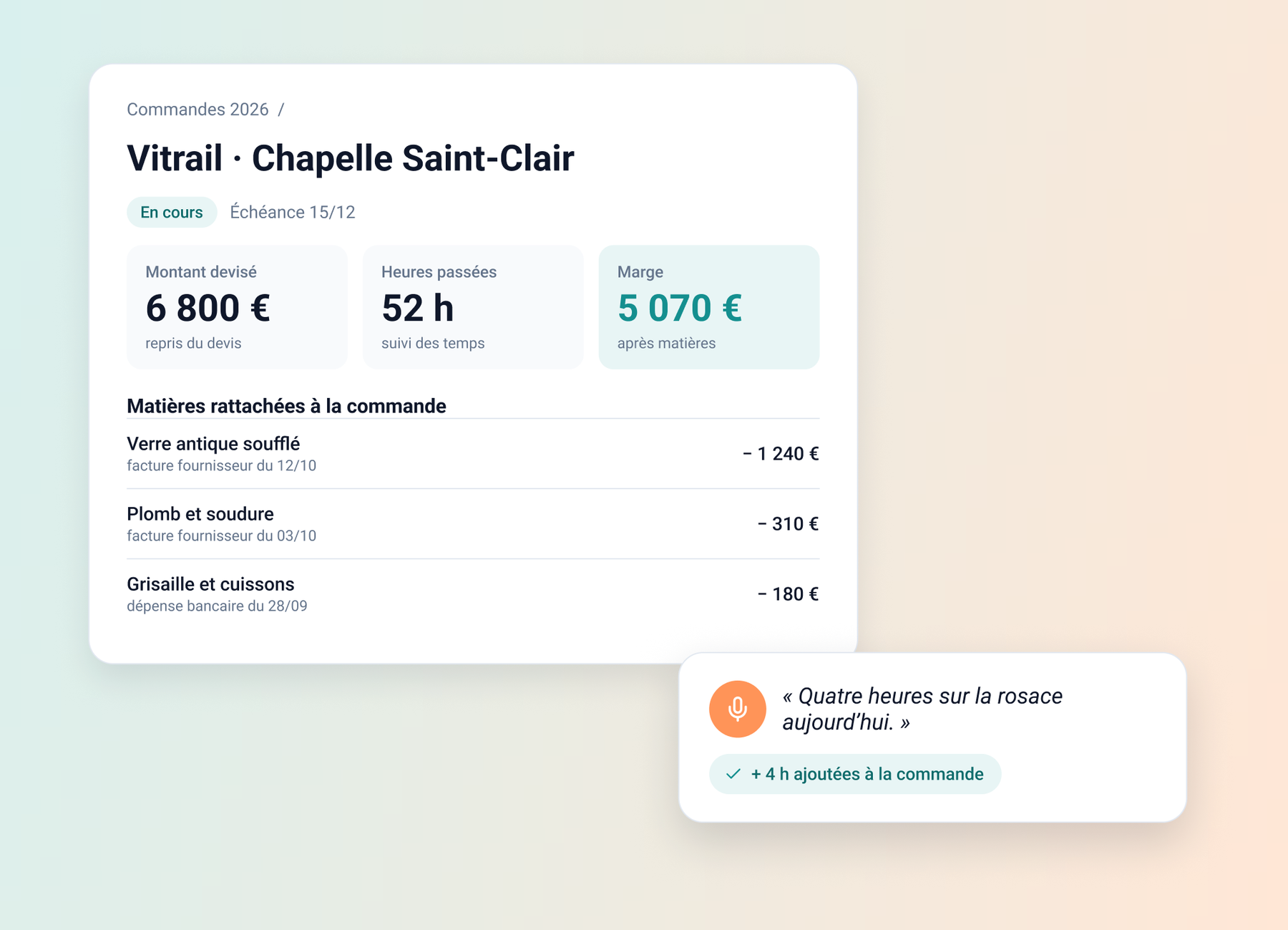 Une commande de vitrail suivie dans Angel : montant devisé, heures passées, matières et marge