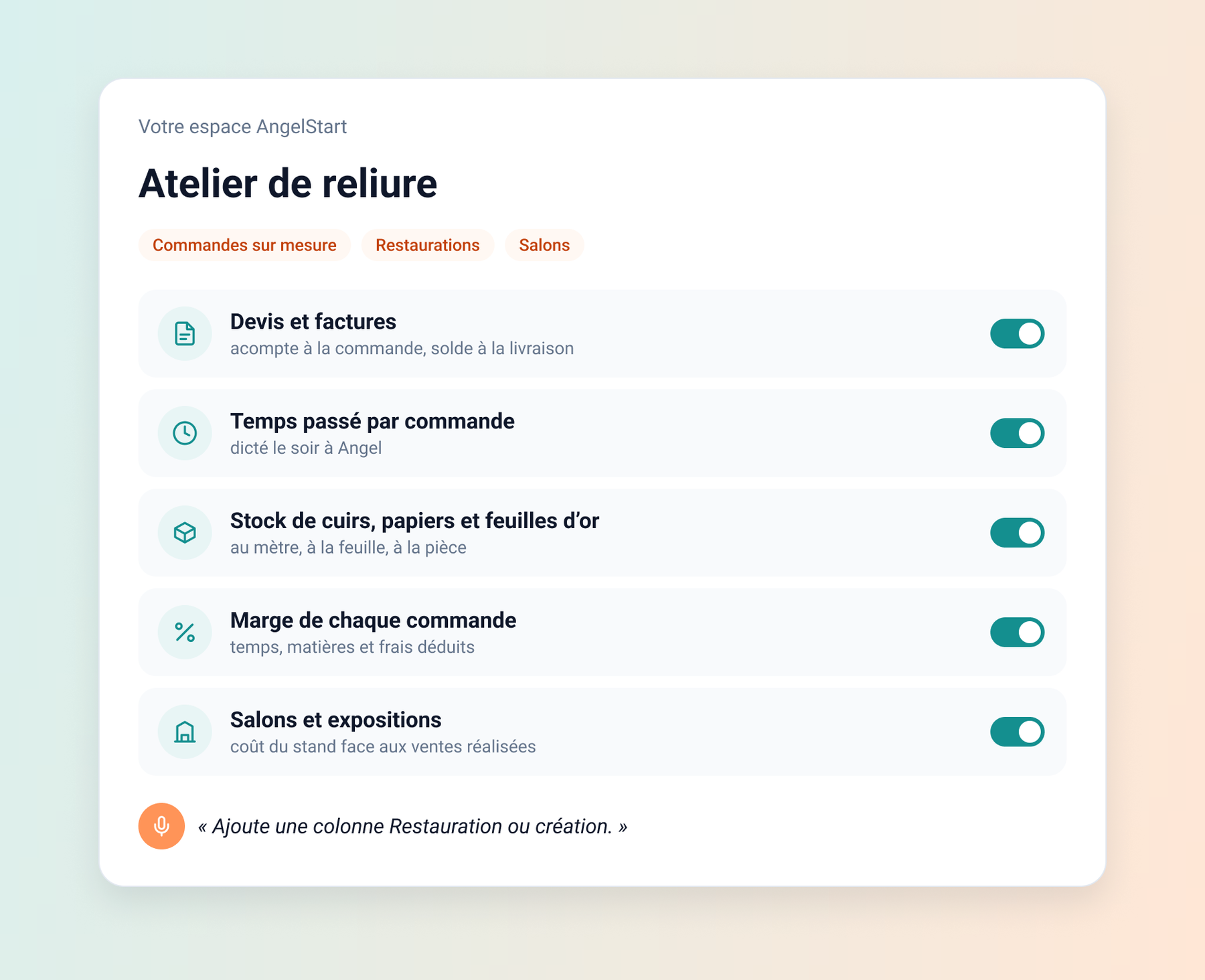 Espace Angel d'un atelier de reliure : devis, temps passé, stock, marge et salons